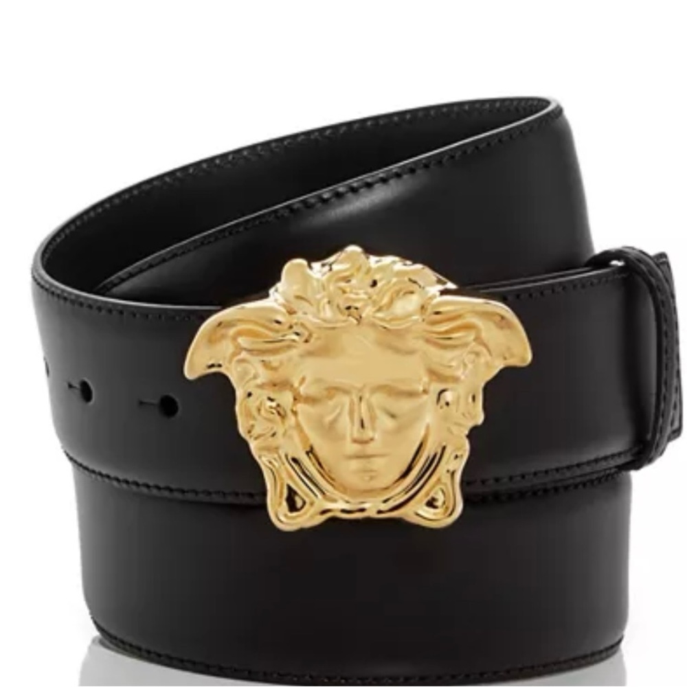 All black, golden head medusa head Versace belt